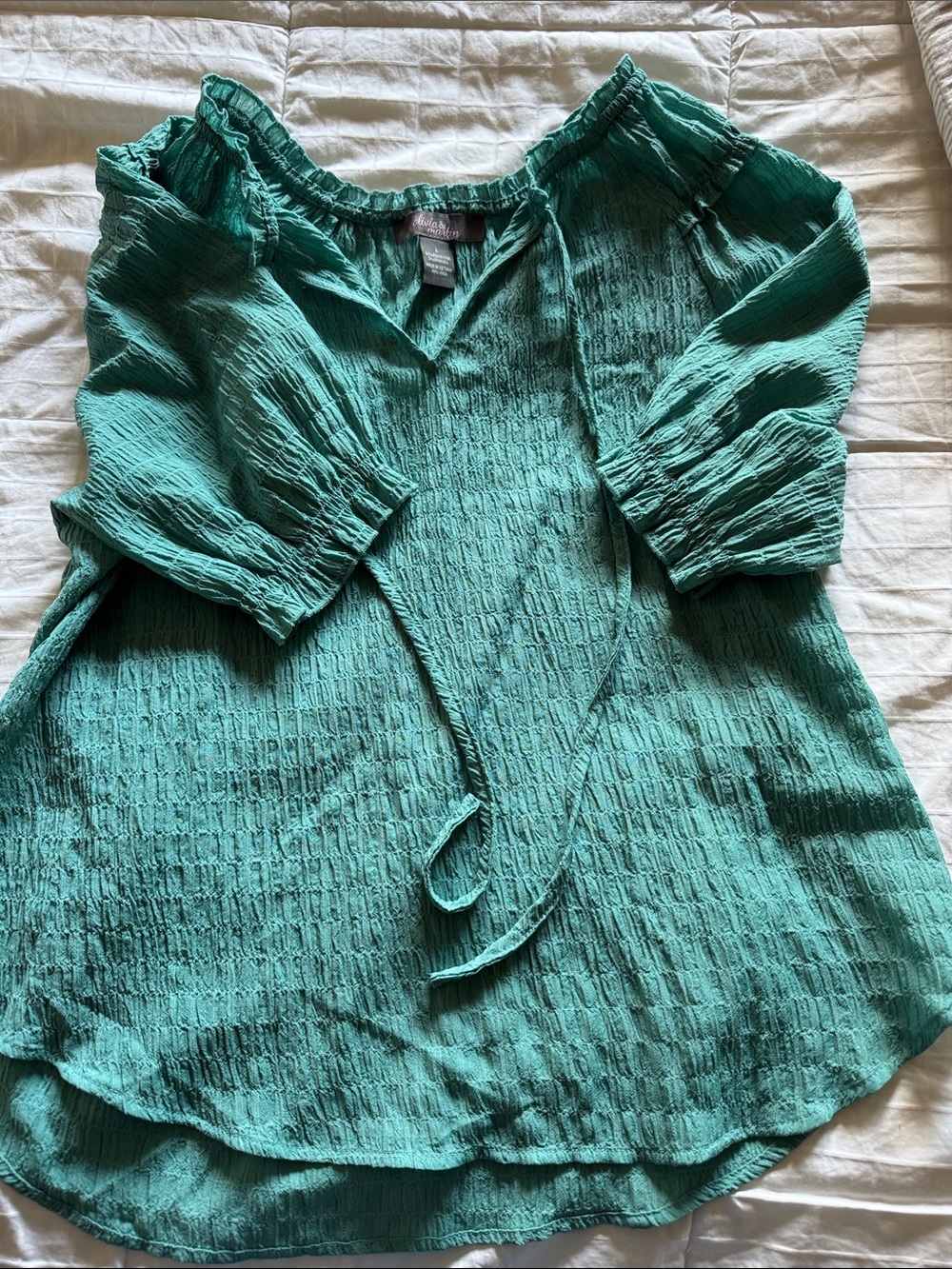 Textured Teal Peasant Tunic with Tie-Front